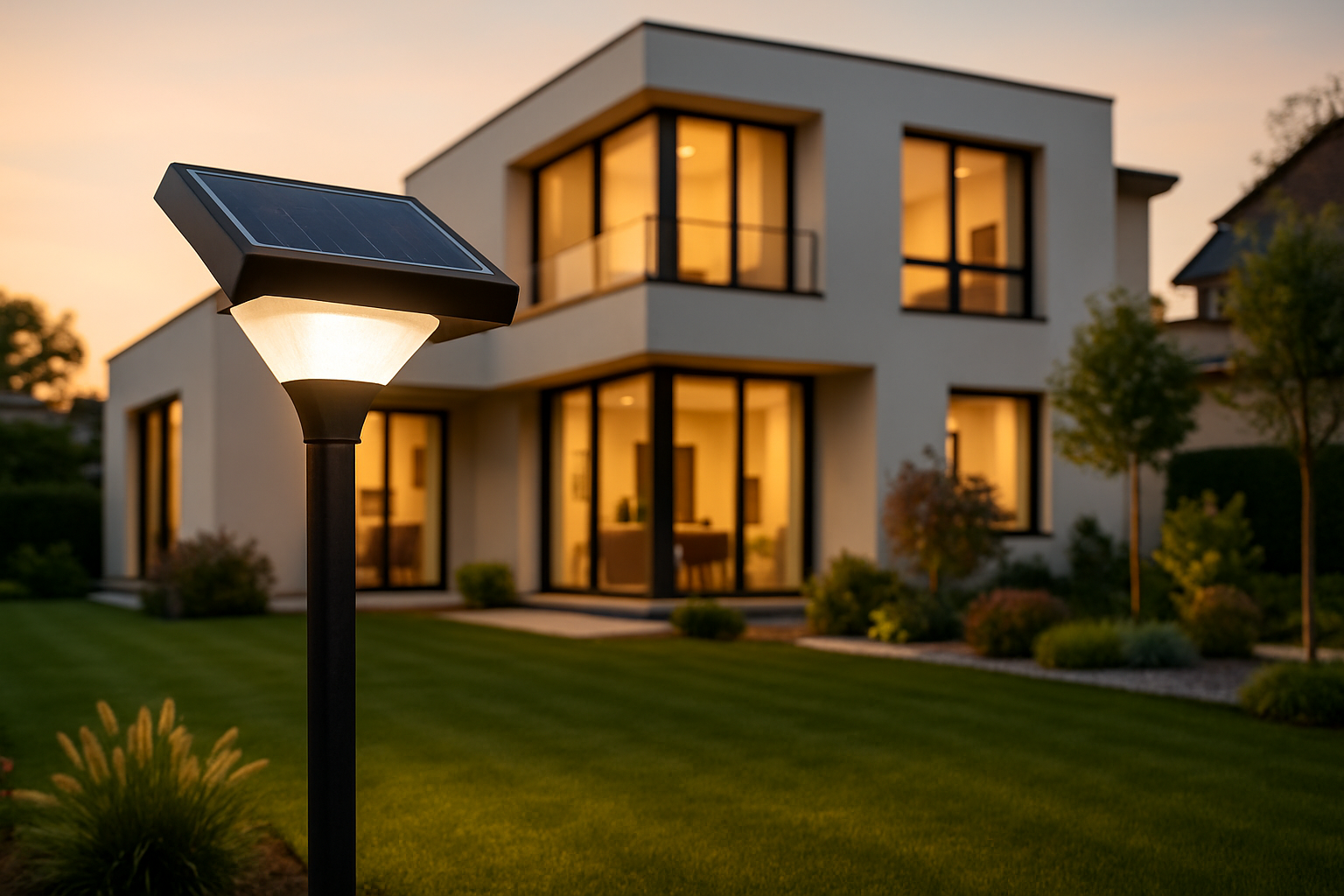 16:9 solar outdoor light in front of modern double level house and beautiful land yard