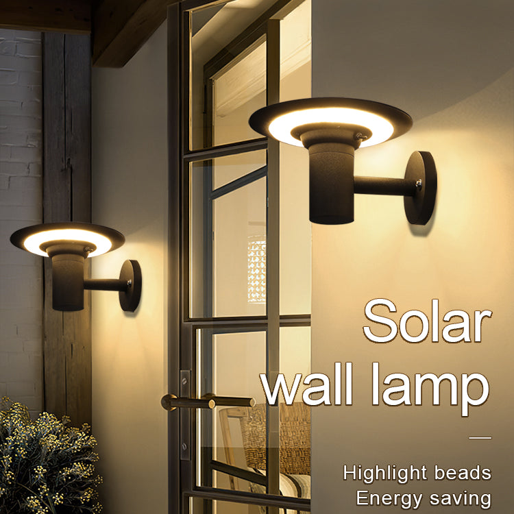Solar wall lamp mounted on a wall with decorative glass panel, highlighting features like energy saving and waterproof rating.