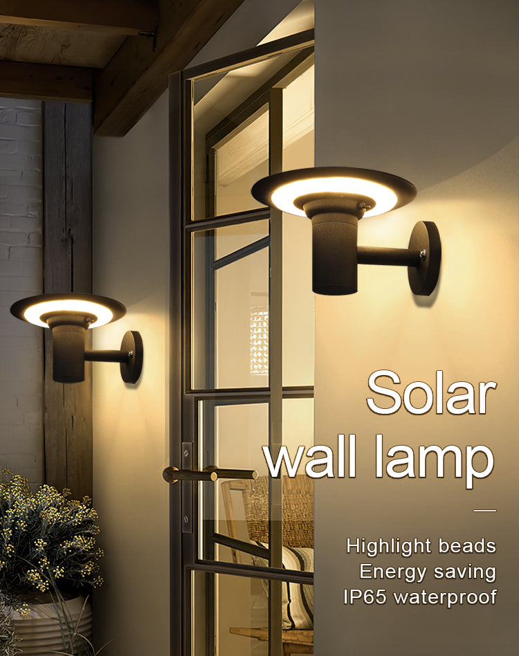 Solar wall lamp mounted on a wall with decorative glass panel, highlighting features like energy saving and waterproof rating.