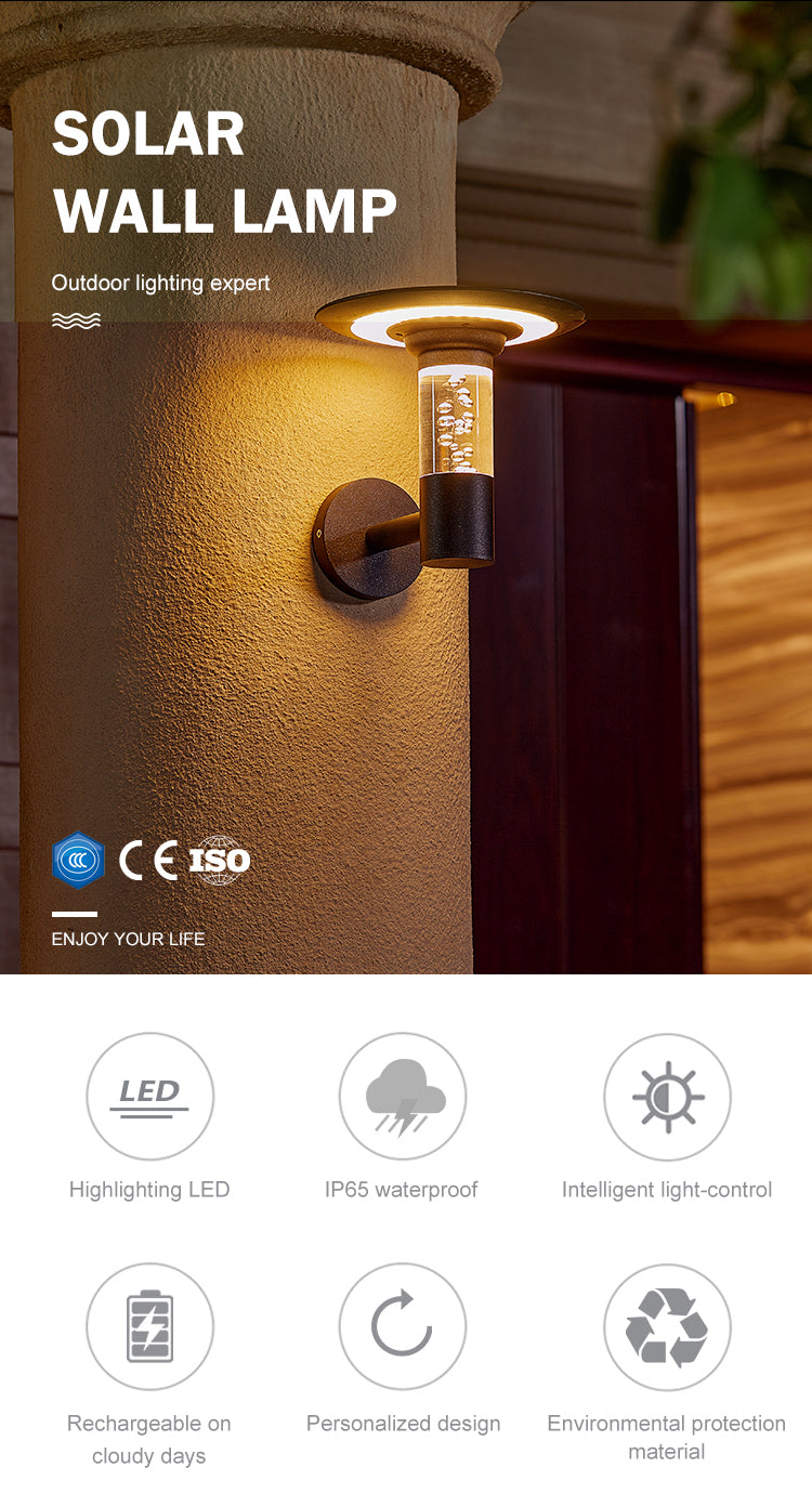 Solar wall lamp with features highlighted on a wooden background
