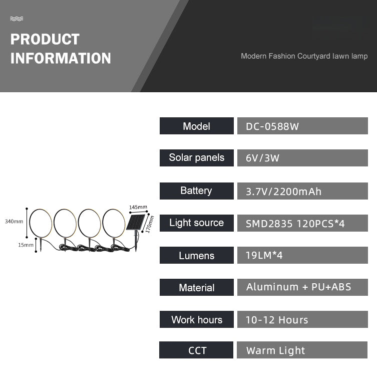 LumaRing – Streamlined Aluminum Solar Light (4 Circular Rings on One Line) DC0588W